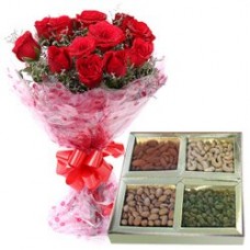 Joyful Bouquet Decked with Dozen Red Roses with Assorted Dry Fruits